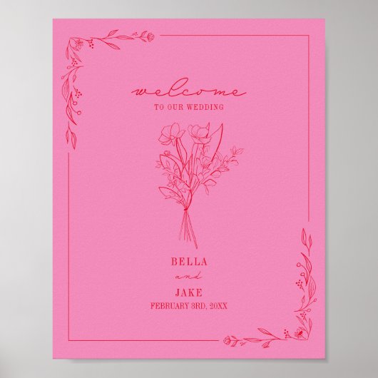 Bouquet Line Art Pink Red Wedding Empfang Poster (Vorne)