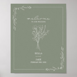 Bouquet Line Art Sage Green Wedding Willkommen Poster