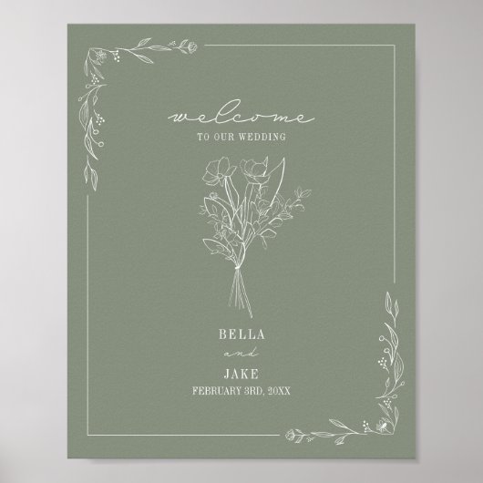 Bouquet Line Art Sage Green Wedding Willkommen Poster (Vorne)