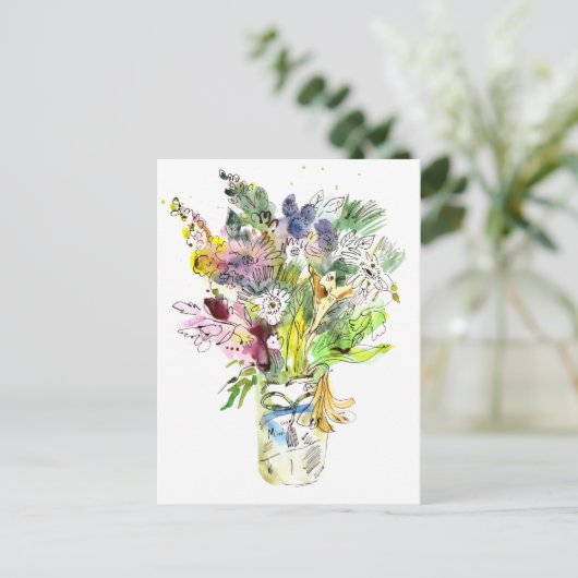 Bouquet mit sommerlichen Blume. Aquarellskizze Postkarte (Stehend Vorderseite)