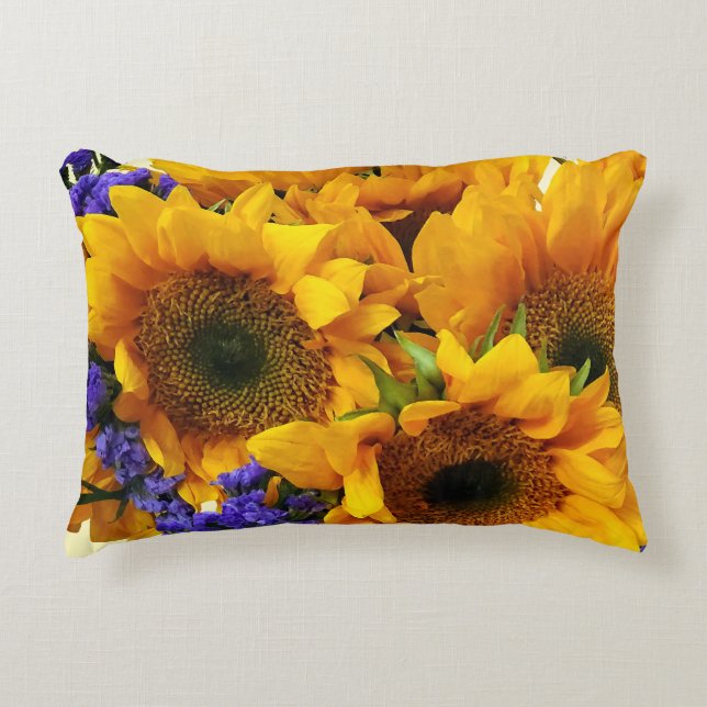 Bouquet mit Sonnenblumen und Lila Statice Dekokissen (Vorderseite)