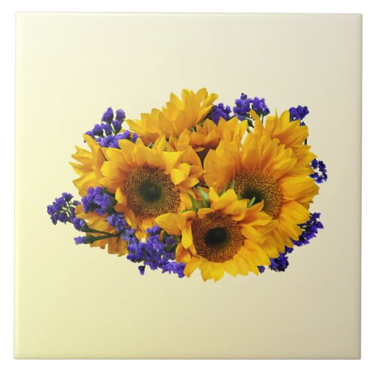 Bouquet mit Sonnenblumen und Lila Statice Fliese (Vorderseite)