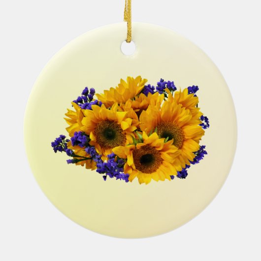 Bouquet mit Sonnenblumen und Lila Statice Keramik Ornament (Hinten)
