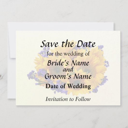 Bouquet mit Sonnenblumen und Lila Statice Save The Date (Vorderseite)