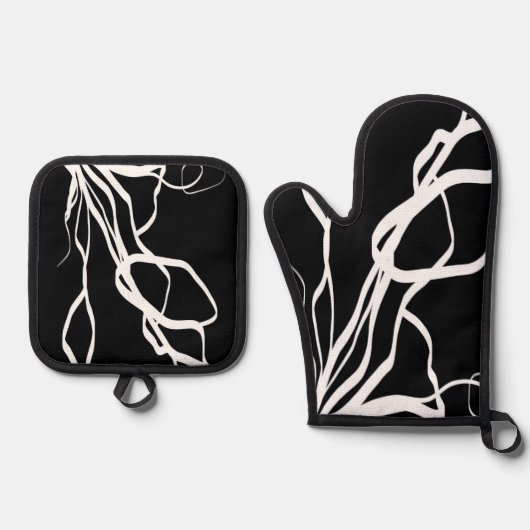 Bouquet Noir: Abstrakt Schwarz & Weiß Ofenhandschuh & Topflappen-Set (Vorderseite)