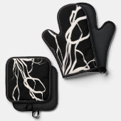 Bouquet Noir: Abstrakt Schwarz & Weiß Ofenhandschuh & Topflappen-Set (Vorderseite/Rückseite)