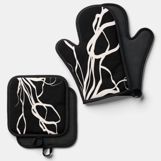 Bouquet Noir: Abstrakt Schwarz & Weiß Ofenhandschuh & Topflappen-Set (Vorderseite/Rückseite)