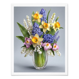 Bouquet of Spring Daffodils Hyacinths Glass Vase Fotodruck