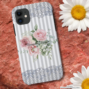 Bouquet-Rose Elegante, staubige blaue Streifen ver Case-Mate iPhone Hülle