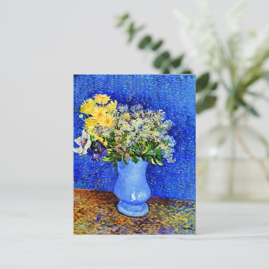 Bouquet von Blume in einer blauen Vase Postkarte (Stehend Vorderseite)