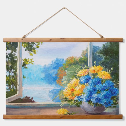 Bouquet von Frühlingsblumen auf Fensterkante Wandteppich Mit Holzrahmen (Vorne)