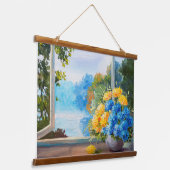 Bouquet von Frühlingsblumen auf Fensterkante Wandteppich Mit Holzrahmen (Gewinkelt)