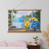 Bouquet von Frühlingsblumen auf Fensterkante Wandteppich Mit Holzrahmen (Schlafzimmer)