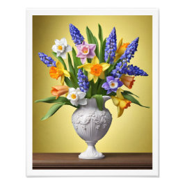 Bouquet von Frühlingsdümmeln Hyacinths Holztisch Fotodruck