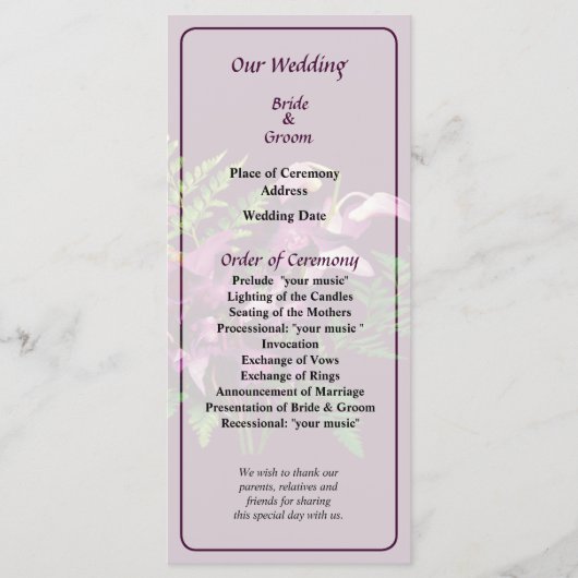 Bouquet von Lila Orchideen und Fern Wedding Progra Programm (Vorderseite)