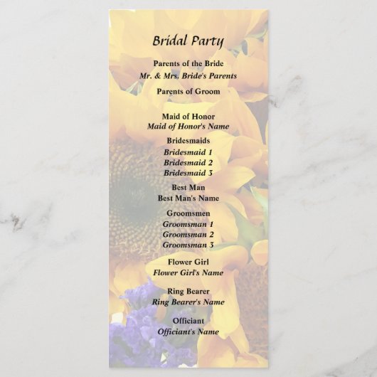 Bouquet von Sonnenblumen und Lila Statice-Programm Programm (Rückseite)