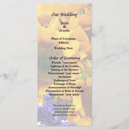 Bouquet von Sonnenblumen und Lila Statice-Programm Programm (Vorderseite)