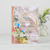 Bouquets von mehrfarbigen Rose auf Seidentexturen Einladung (Stehend Vorderseite)