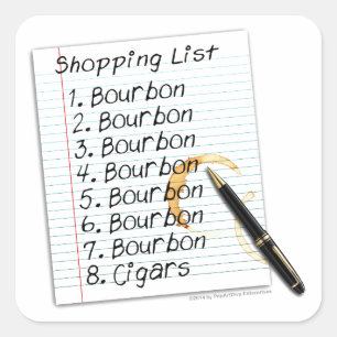 BOURBON-EINKAUFSLISTE COCKTAIL HUMOR QUADRATISCHER AUFKLEBER