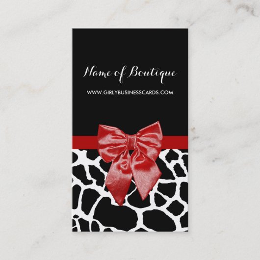 Boutique Red Bow Black and Whtie Giraffe Visitenkarte (Vorderseite)