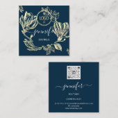 Boutique Shop Blue Navy Gold Flowers QR Logo Quadratische Visitenkarte (Vorne/Hinten)