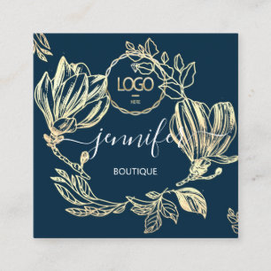 Boutique Shop Blue Navy Gold Flowers QR Logo Quadratische Visitenkarte