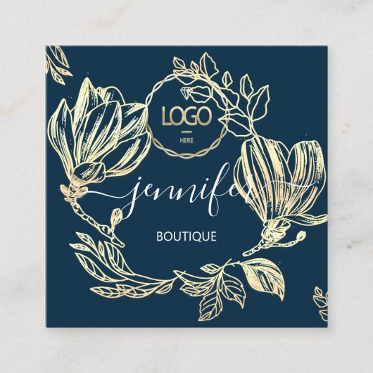 Boutique Shop Blue Navy Gold Flowers QR Logo Quadratische Visitenkarte (Vorderseite)