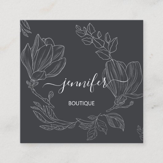 Boutique Shop Grau Silver Blume QR Logo Quadratische Visitenkarte (Vorderseite)