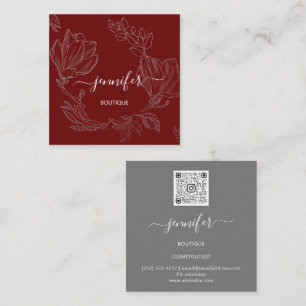 Boutique Shop Gray Burgundy Blume QR Logo Quadratische Visitenkarte