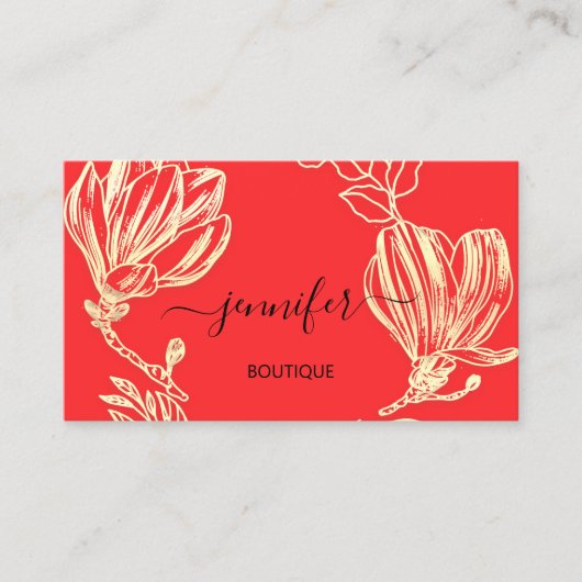 Boutique Shop Red Gold Blume QR Code Visitenkarte (Vorderseite)