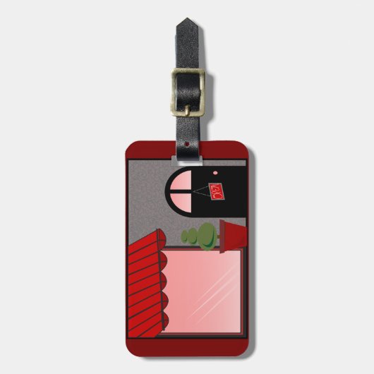 Boutique Storefront Red Black Topiary Open Gepäckanhänger (Vorderseite vertikal)