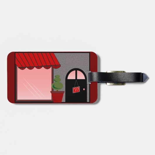 Boutique Storefront Red Black Topiary Open Gepäckanhänger (Rückseite horizontal)