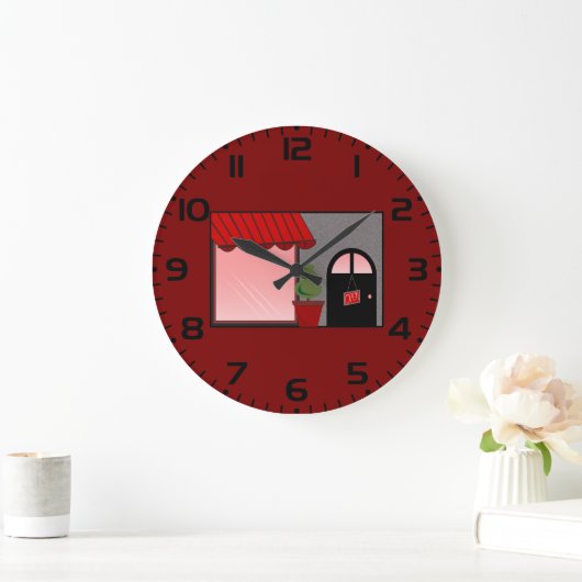 Boutique Storefront Red Black Topiary Open Große Wanduhr (Zuhause)