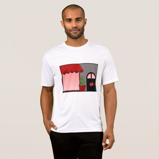 Boutique Storefront Red Black Topiary Open T-Shirt (Vorne ganz)