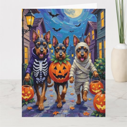 Bouvier des Flandres Trick-or-Treating Halloween Karte (Vorderseite)