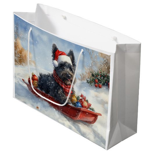 Bouviers Des Flandres Dog in Sledge Weihnachten Große Geschenktüte (Vorderseite Schrägansicht)