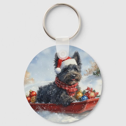 Bouviers Des Flandres Dog in Sledge Weihnachten Schlüsselanhänger (Vorderseite)