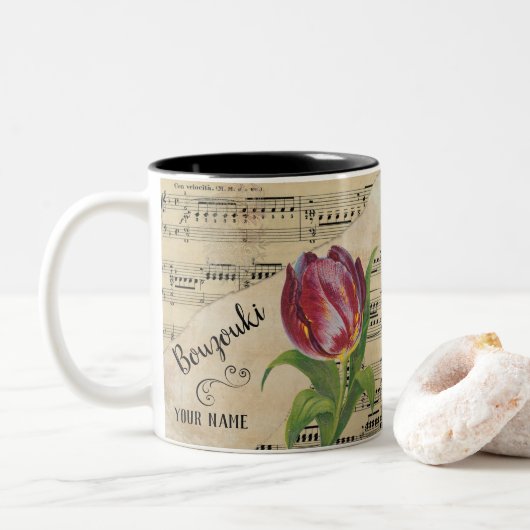 Bouzouki Tulip Vintage Noten - individuell Zweifarbige Tasse (Mit Donut)