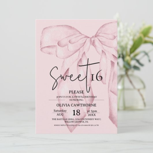 Bow 16th Birthday ⎮Modern Blush Pink Sweet 16 Einladung (Stehend Vorderseite)