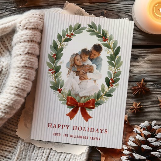 Bow and Greenery Oval Frame Holiday Photo Card Einladung