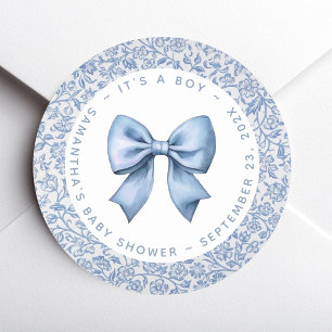 Bow Baby Boy Babyparty Blau-Weißes Blumenmuster Runder Aufkleber