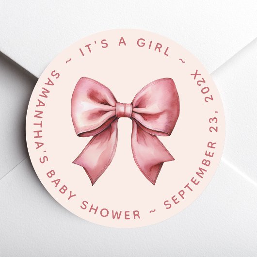 Bow Baby Shower Blush Pink & Red It's a Girl Runder Aufkleber