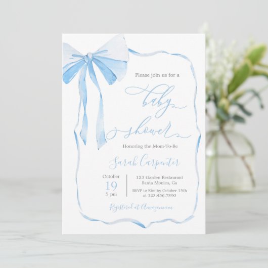 Bow Baby Shower Boy Einladung (Stehend Vorderseite)