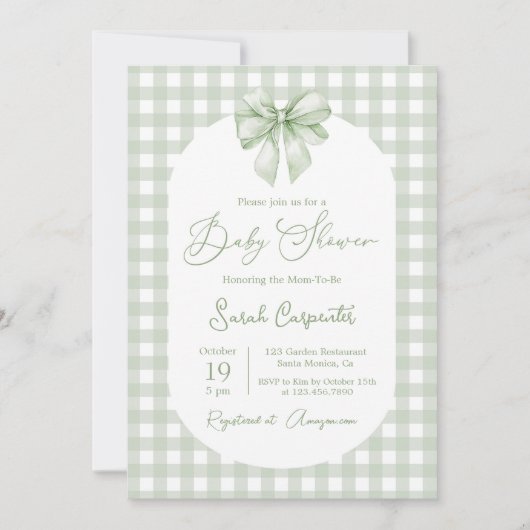 Bow Baby Shower Sage Green invitation with bow Einladung (Vorderseite)