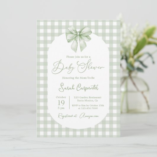 Bow Baby Shower Sage Green invitation with bow Einladung (Stehend Vorderseite)