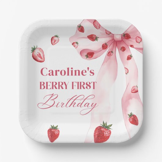 Bow Berry First Strawberry Birthday Paper Tellers Pappteller (Vorderseite)