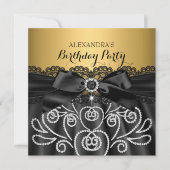 Bow Black Lace Gold Imitate Diamond Birthday Party Einladung (Vorderseite)