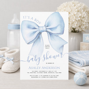 Bow Blau und Wasserfarbe in Weiß - Baby Shower: Es Einladung
