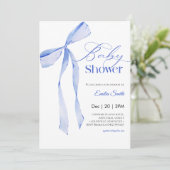 Bow Blue boy Baby shower Einladung (Stehend Vorderseite)