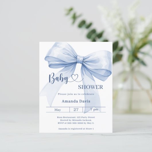 Bow blue boy Baby Shower invitation (Stehend Vorderseite)